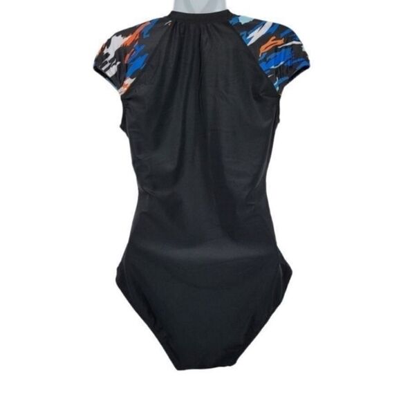 NEW Axesea Tide Front Zipper Retro One Piece Swimsuit in Sun Song Black Size 12 - Picture 6 of 11